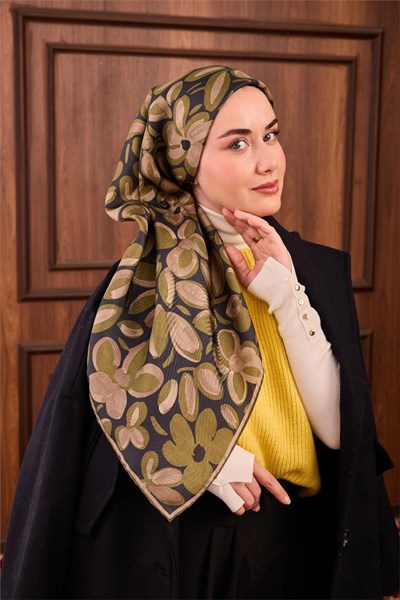 Twill İpek Eşarp Lacivert Yeşil Vizon Papatya Desenli Tok Duruşlu 90x90