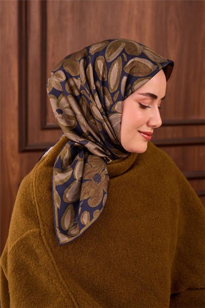 Twill İpek Eşarp Lacivert Yeşil Vizon Papatya Desenli Tok Duruşlu 90x90