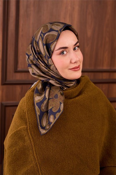 Twill İpek Eşarp Lacivert Yeşil Vizon Papatya Desenli Tok Duruşlu 90x90