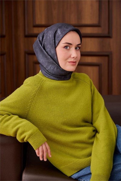 Twill İpek Eşarp Lacivert–Bebe Mavi Desenli Tok Duruşlu 90x90