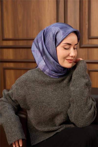 Twill İpek Eşarp Lila-Mor Mavi Geçişli Kaymaz Tok Duruşlu 90x90