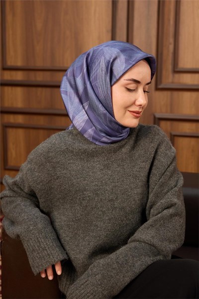 Twill İpek Eşarp Lila-Mor Mavi Geçişli Kaymaz Tok Duruşlu 90x90