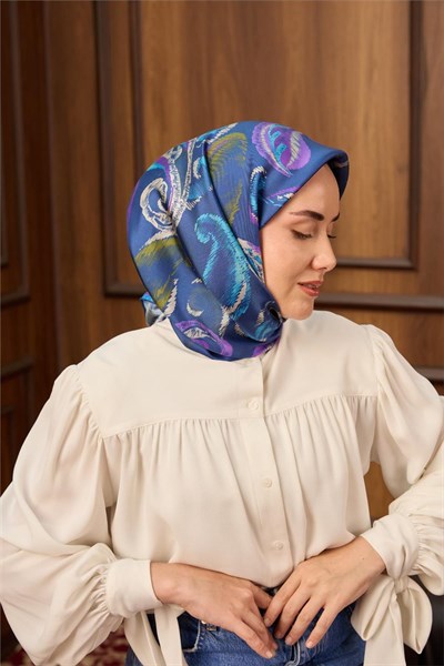 Twill İpek Eşarp Mavi-Gök Mavi Desenli Tok Duruşlu 90x90