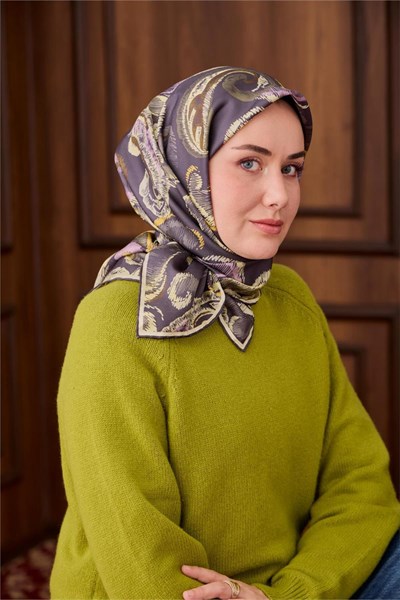 Twill İpek Eşarp Mavi Gri-Butter Yellow Desenli Tok Duruşlu 90x90