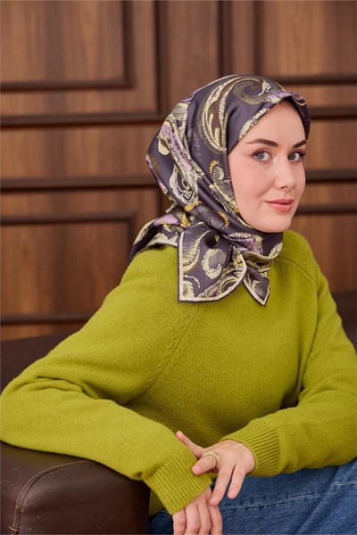 Twill İpek Eşarp Mavi Gri-Butter Yellow Desenli Tok Duruşlu 90x90