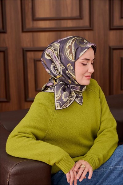 Twill İpek Eşarp Mavi Gri-Butter Yellow Desenli Tok Duruşlu 90x90