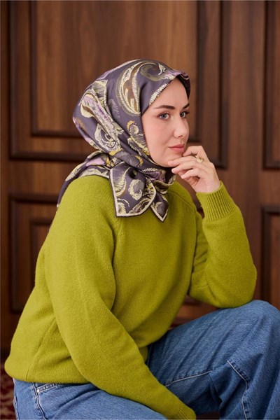 Twill İpek Eşarp Mavi Gri-Butter Yellow Desenli Tok Duruşlu 90x90