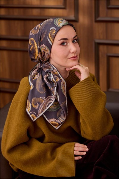 Twill İpek Eşarp Mavi Gri-Hardal Desenli Tok Duruşlu 90x90