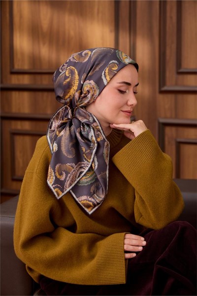 Twill İpek Eşarp Mavi Gri-Hardal Desenli Tok Duruşlu 90x90