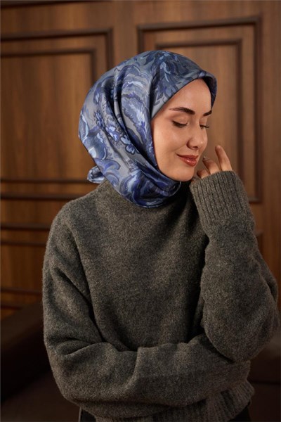 Twill İpek Eşarp Metalik Gri-İndigo Desenli Tok Duruşlu 90x90