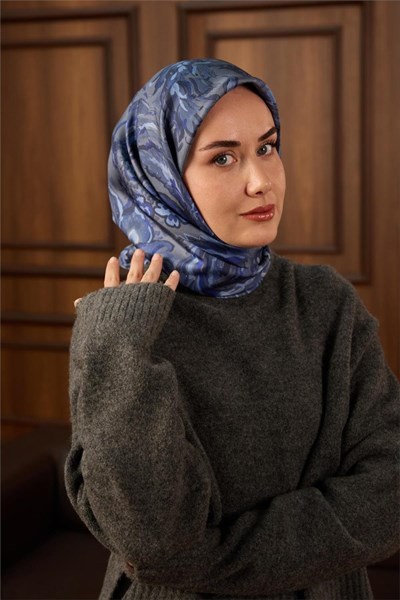 Twill İpek Eşarp Metalik Gri-İndigo Desenli Tok Duruşlu 90x90