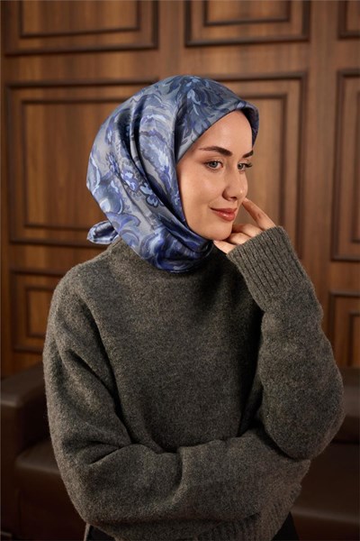 Twill İpek Eşarp Metalik Gri-İndigo Desenli Tok Duruşlu 90x90