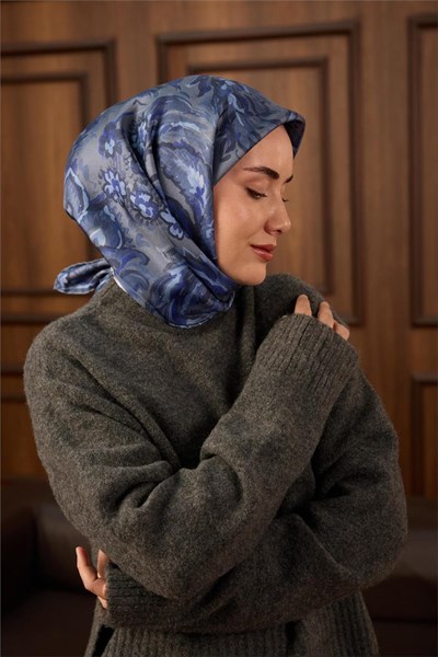 Twill İpek Eşarp Metalik Gri-İndigo Desenli Tok Duruşlu 90x90