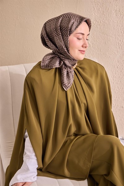 Twill İpek Eşarp Minimal Desen Acı Kahve 90x90