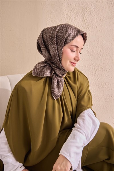 Twill İpek Eşarp Minimal Desen Acı Kahve 90x90