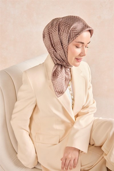 Twill İpek Eşarp Minimal Desen Kahverengi 90x90