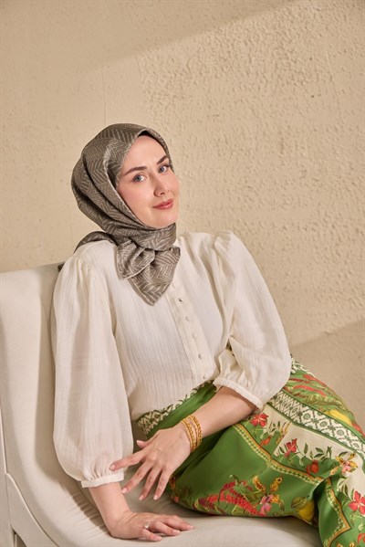 Twill İpek Eşarp Minimal Desen Küf Yeşili 90x90