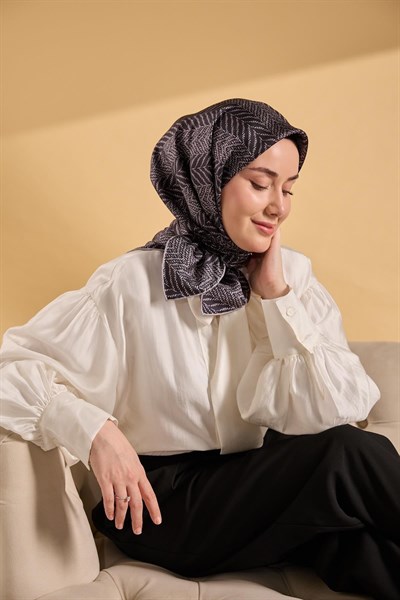Twill İpek Eşarp Minimal Desen Siyah Gri 90x90