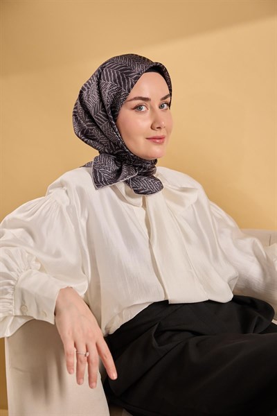 Twill İpek Eşarp Minimal Desen Siyah Gri 90x90
