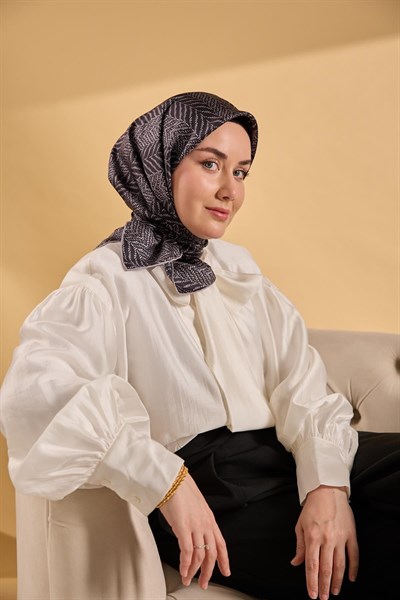 Twill İpek Eşarp Minimal Desen Siyah Gri 90x90