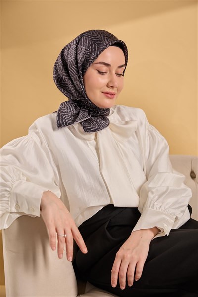 Twill İpek Eşarp Minimal Desen Siyah Gri 90x90