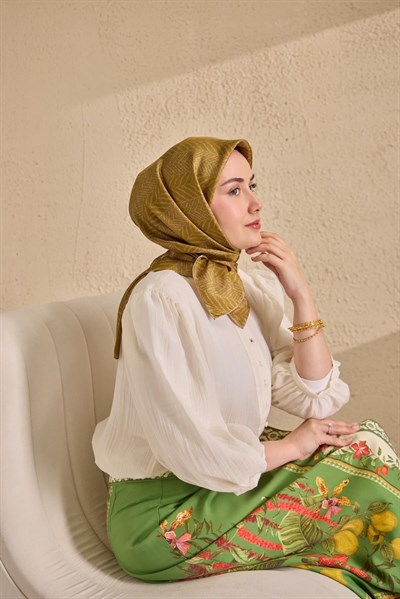 Twill İpek Eşarp Minimal Desen Yağ Yeşili 90x90