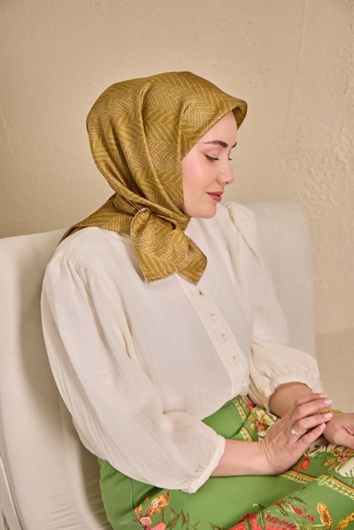 Twill İpek Eşarp Minimal Desen Yağ Yeşili 90x90