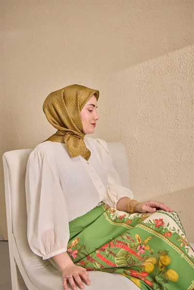 Twill İpek Eşarp Minimal Desen Yağ Yeşili 90x90