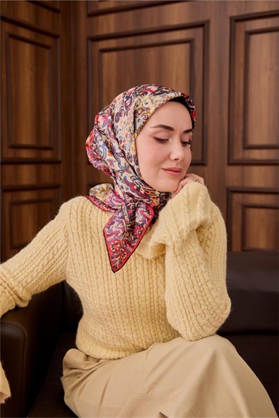 Twill İpek Eşarp Mor-Butter Yellow Desenli Tok Duruşlu 90x90