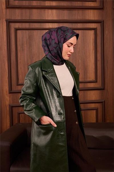Twill İpek Eşarp Mor-Çağla Papatya Desenli Tok Duruşlu 90x90