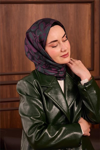 Twill İpek Eşarp Mor-Çağla Papatya Desenli Tok Duruşlu 90x90