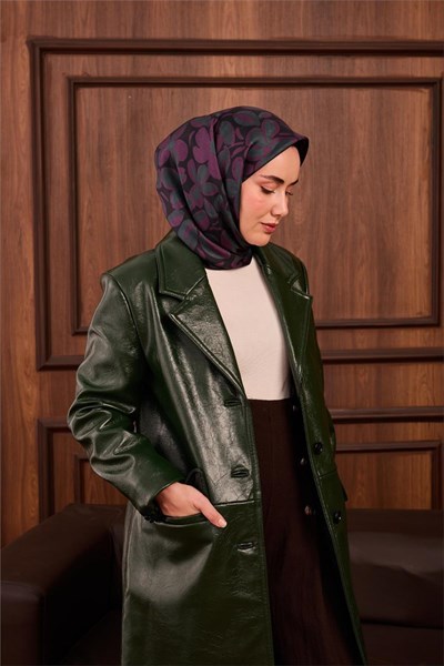 Twill İpek Eşarp Mor-Çağla Papatya Desenli Tok Duruşlu 90x90