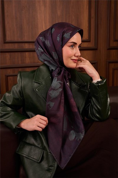 Twill İpek Eşarp Mor-Çağla Yeşili Çiçek Desenli Kaymaz Tok Duruşlu 90x90