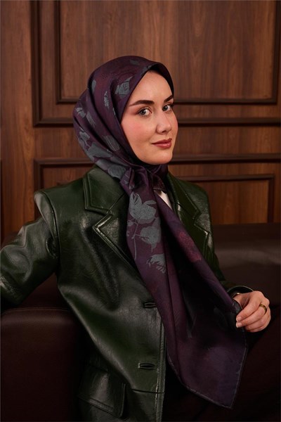 Twill İpek Eşarp Mor-Çağla Yeşili Çiçek Desenli Kaymaz Tok Duruşlu 90x90