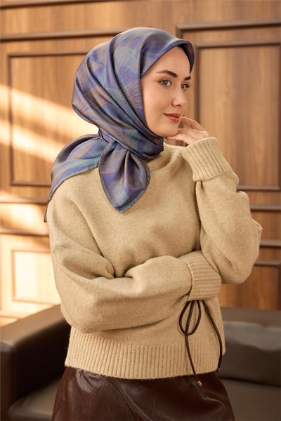 Twill İpek Eşarp Mor-Civert Vizon Çağla Geçişli Kaymaz Tok Duruşlu 90x90
