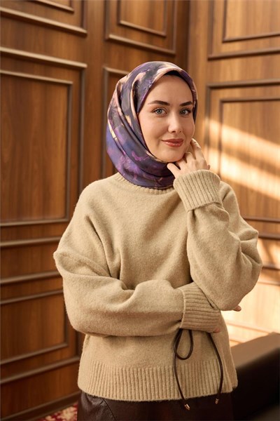 Twill İpek Eşarp Mor-Pastel Mor Desenli Tok Duruşlu 90x90