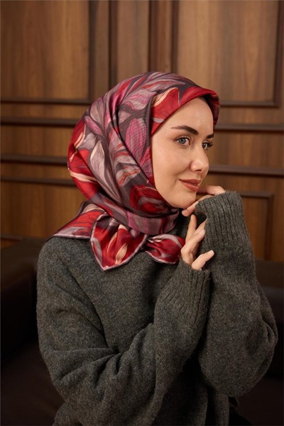 Twill İpek Eşarp Mor-Pastel Mor-Kızıl Turuncu-Pembe Desenli Tok Duruşlu 90x90