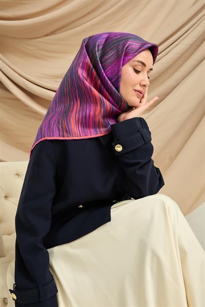 Twill İpek Eşarp Mor-Pembe Desenli Tok Duruşlu 90x90