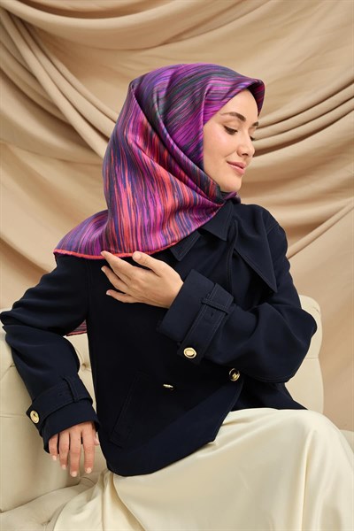 Twill İpek Eşarp Mor-Pembe Desenli Tok Duruşlu 90x90