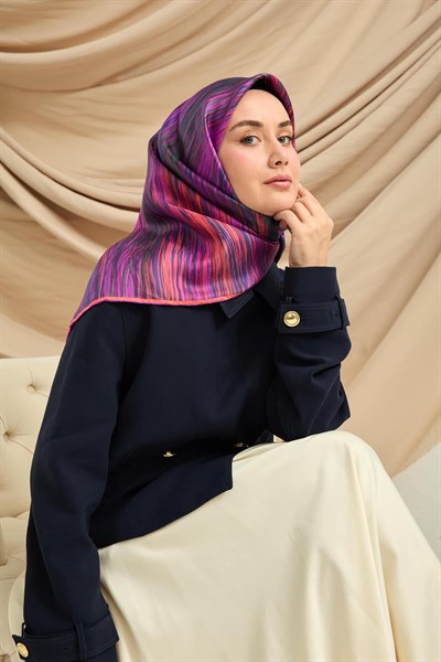Twill İpek Eşarp Mor-Pembe Desenli Tok Duruşlu 90x90