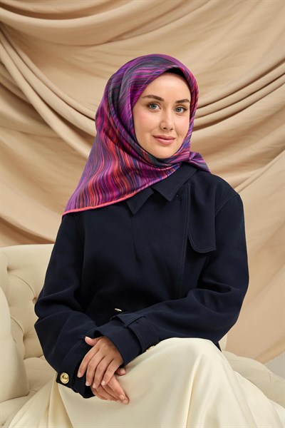Twill İpek Eşarp Mor-Pembe Desenli Tok Duruşlu 90x90