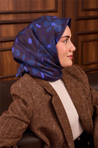 Twill İpek Eşarp Mor Saks Acı Kahve Papatya Desenli Tok Duruşlu 90x90