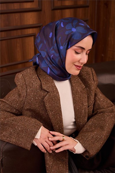 Twill İpek Eşarp Mor Saks Acı Kahve Papatya Desenli Tok Duruşlu 90x90