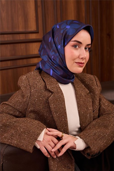 Twill İpek Eşarp Mor Saks Acı Kahve Papatya Desenli Tok Duruşlu 90x90
