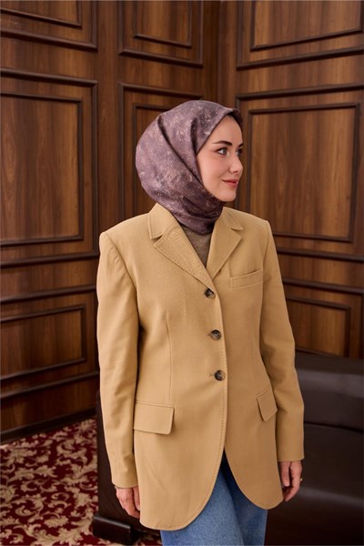 Twill İpek Eşarp Mor–Vizon Desenli Tok Duruşlu 90x90