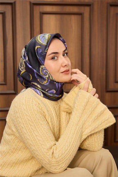 Twill İpek Eşarp Morcivert-Funda Desenli Tok Duruşlu 90x90