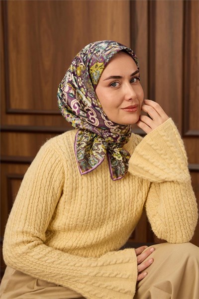 Twill İpek Eşarp Mürdüm-Butter Yellow Desenli Tok Duruşlu 90x90