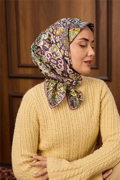 Twill İpek Eşarp Mürdüm-Butter Yellow Desenli Tok Duruşlu 90x90