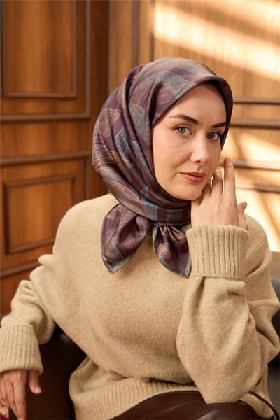 Twill İpek Eşarp Mürdüm-Karolina Mavisi Vizon Geçişli Kaymaz Tok Duruşlu 90x90