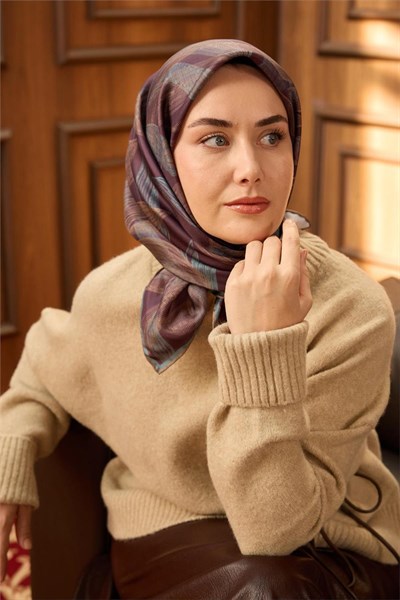 Twill İpek Eşarp Mürdüm-Karolina Mavisi Vizon Geçişli Kaymaz Tok Duruşlu 90x90